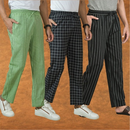 COMBO OF 3 MEN STRIPE COTTON HANDLOOM PANT BLACK BLACK AND OLIVE GREEN-15372