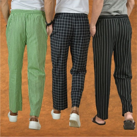 COMBO OF 3 MEN STRIPE COTTON HANDLOOM PANT BLACK BLACK AND OLIVE GREEN-15372