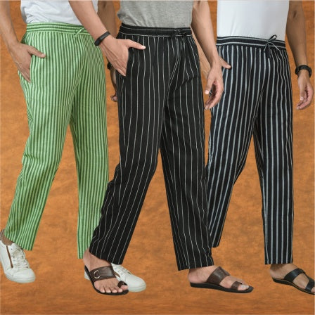 COMBO OF 3 MEN STRIPE COTTON HANDLOOM PANT BLACK BLACK AND OLIVE GREEN-15379