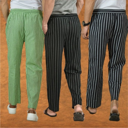 COMBO OF 3 MEN STRIPE COTTON HANDLOOM PANT BLACK BLACK AND OLIVE GREEN-15379