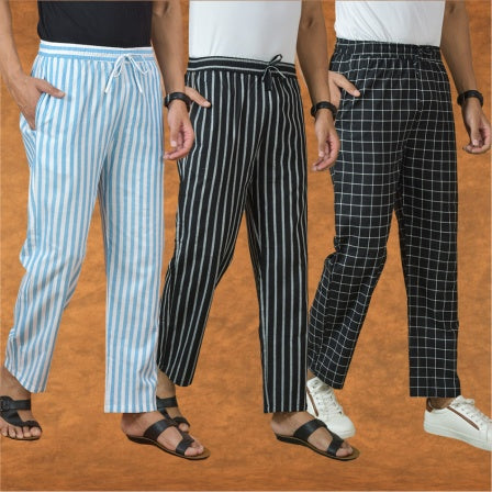 COMBO OF 3 MEN STRIPE COTTON HANDLOOM PANT BLACK BLACK AND SKY BLUE-15164