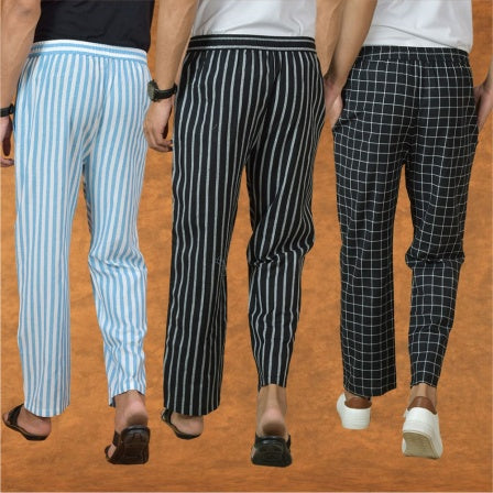 COMBO OF 3 MEN STRIPE COTTON HANDLOOM PANT BLACK BLACK AND SKY BLUE-15164