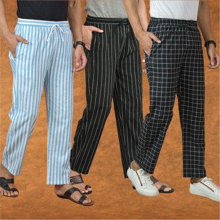 COMBO OF 3 MEN STRIPE COTTON HANDLOOM PANT BLACK BLACK AND SKY BLUE-15169