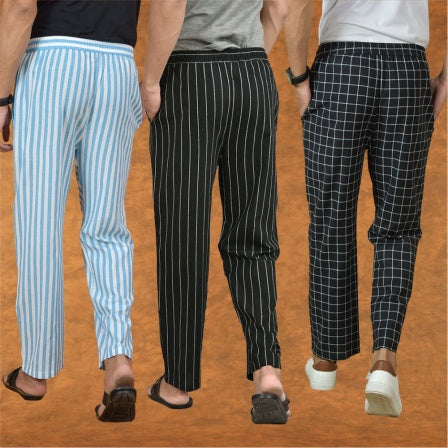 COMBO OF 3 MEN STRIPE COTTON HANDLOOM PANT BLACK BLACK AND SKY BLUE-15169