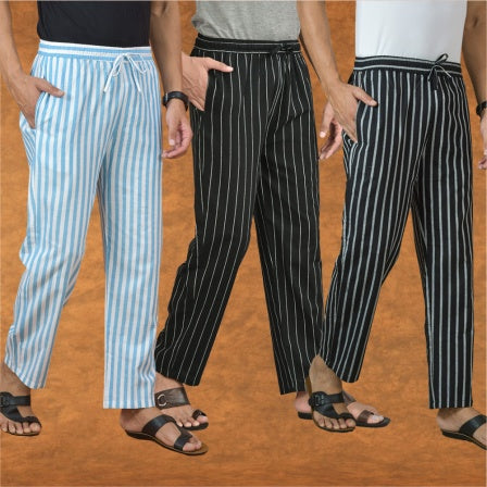 COMBO OF 3 MEN STRIPE COTTON HANDLOOM PANT BLACK BLACK AND SKY BLUE-15176