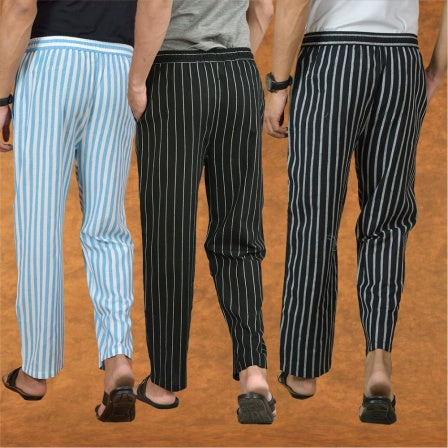 COMBO OF 3 MEN STRIPE COTTON HANDLOOM PANT BLACK BLACK AND SKY BLUE-15176