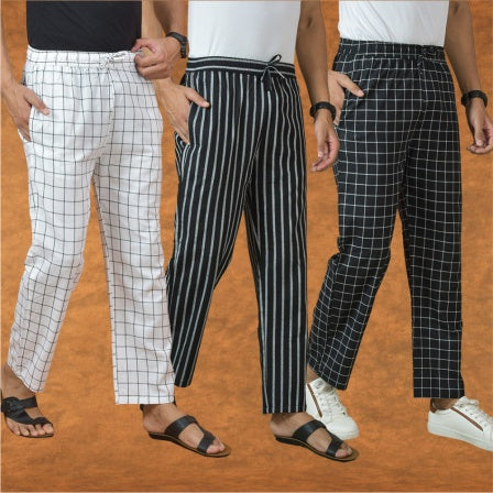 COMBO OF 3 MEN STRIPE COTTON HANDLOOM PANT BLACK BLACK AND WHITE-15286