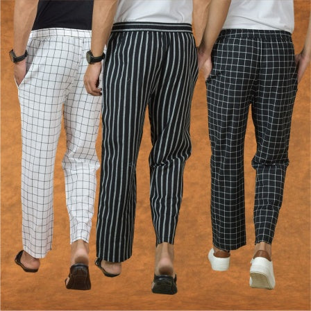 COMBO OF 3 MEN STRIPE COTTON HANDLOOM PANT BLACK BLACK AND WHITE-15286