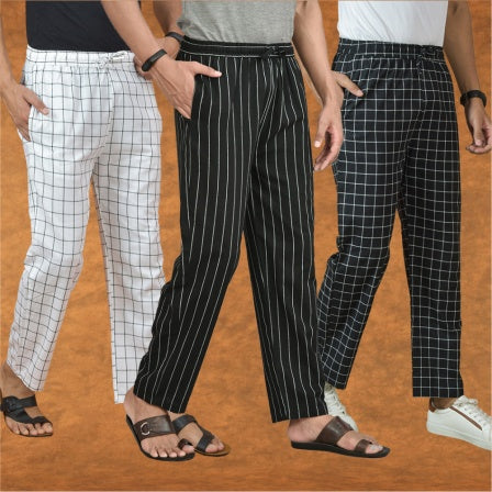 COMBO OF 3 MEN STRIPE COTTON HANDLOOM PANT BLACK BLACK AND WHITE-15291