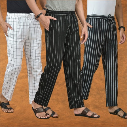 COMBO OF 3 MEN STRIPE COTTON HANDLOOM PANT BLACK BLACK AND WHITE-15298