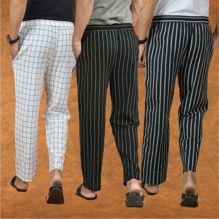COMBO OF 3 MEN STRIPE COTTON HANDLOOM PANT BLACK BLACK AND WHITE-15298