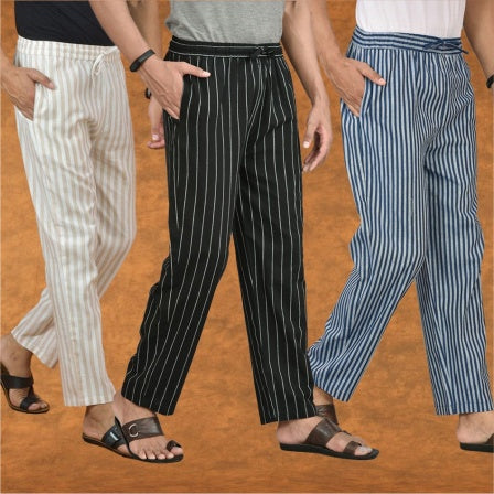 COMBO OF 3 MEN STRIPE COTTON HANDLOOM PANT BLACK BLUE AND BEIGE-15361