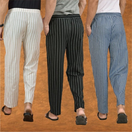 COMBO OF 3 MEN STRIPE COTTON HANDLOOM PANT BLACK BLUE AND BEIGE-15361