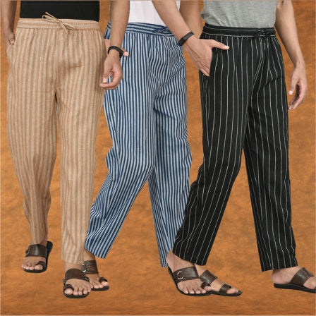 COMBO OF 3 MEN STRIPE COTTON HANDLOOM PANT BLACK BLUE AND BEIGE-15477