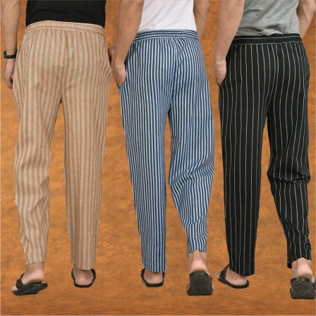 COMBO OF 3 MEN STRIPE COTTON HANDLOOM PANT BLACK BLUE AND BEIGE-15477
