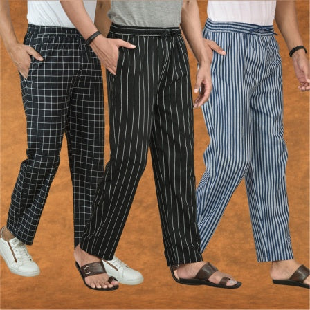 COMBO OF 3 MEN STRIPE COTTON HANDLOOM PANT BLACK BLUE AND BLACK-15425