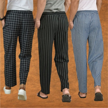 COMBO OF 3 MEN STRIPE COTTON HANDLOOM PANT BLACK BLUE AND BLACK-15425