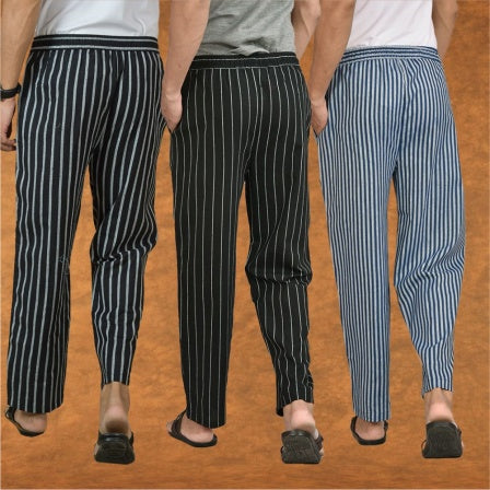 COMBO OF 3 MEN STRIPE COTTON HANDLOOM PANT BLACK BLUE AND BLACK-15446