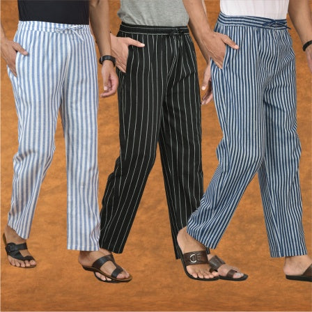 COMBO OF 3 MEN STRIPE COTTON HANDLOOM PANT BLACK BLUE AND BLUE-15261