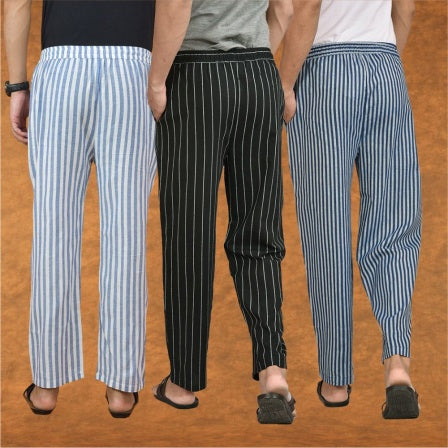 COMBO OF 3 MEN STRIPE COTTON HANDLOOM PANT BLACK BLUE AND BLUE-15261