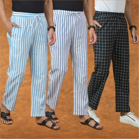 COMBO OF 3 MEN STRIPE COTTON HANDLOOM PANT BLACK BLUE AND SKY BLUE-15125