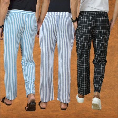 COMBO OF 3 MEN STRIPE COTTON HANDLOOM PANT BLACK BLUE AND SKY BLUE-15125