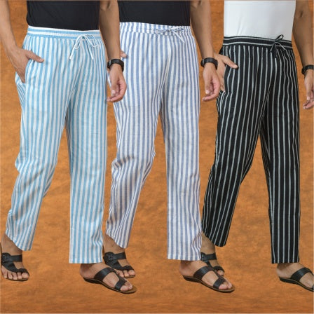 COMBO OF 3 MEN STRIPE COTTON HANDLOOM PANT BLACK BLUE AND SKY BLUE-15126