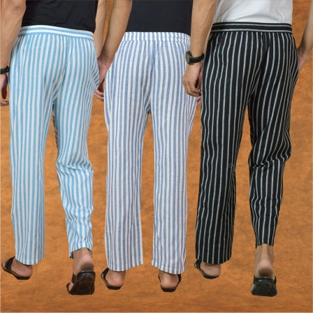 COMBO OF 3 MEN STRIPE COTTON HANDLOOM PANT BLACK BLUE AND SKY BLUE-15126
