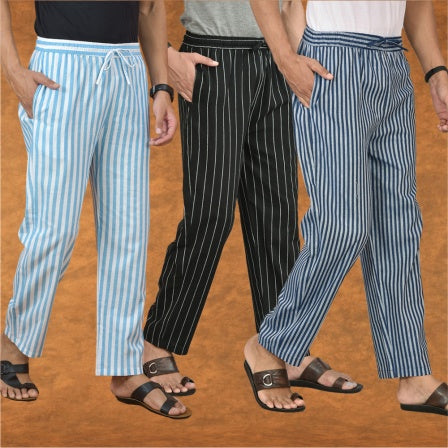 COMBO OF 3 MEN STRIPE COTTON HANDLOOM PANT BLACK BLUE AND SKY BLUE-15194