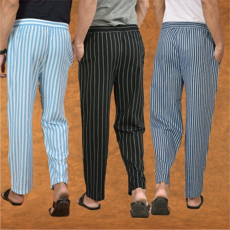 COMBO OF 3 MEN STRIPE COTTON HANDLOOM PANT BLACK BLUE AND SKY BLUE-15194