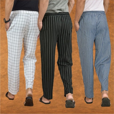 COMBO OF 3 MEN STRIPE COTTON HANDLOOM PANT BLACK BLUE AND WHITE-15316