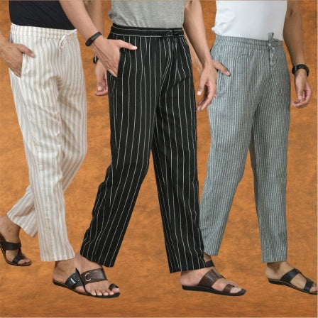 COMBO OF 3 MEN STRIPE COTTON HANDLOOM PANT BLACK GRAY AND BEIGE-15349