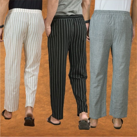 COMBO OF 3 MEN STRIPE COTTON HANDLOOM PANT BLACK GRAY AND BEIGE-15349