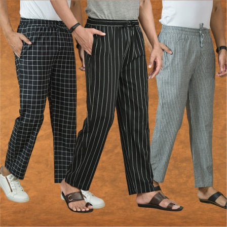 COMBO OF 3 MEN STRIPE COTTON HANDLOOM PANT BLACK GRAY AND BLACK-15413