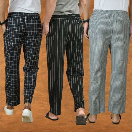 COMBO OF 3 MEN STRIPE COTTON HANDLOOM PANT BLACK GRAY AND BLACK-15413