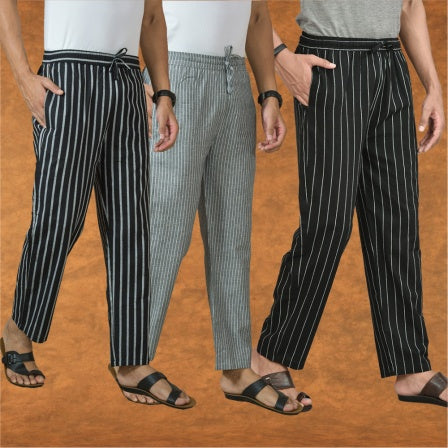 COMBO OF 3 MEN STRIPE COTTON HANDLOOM PANT BLACK GRAY AND BLACK-15434