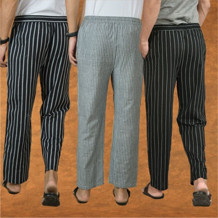 COMBO OF 3 MEN STRIPE COTTON HANDLOOM PANT BLACK GRAY AND BLACK-15434