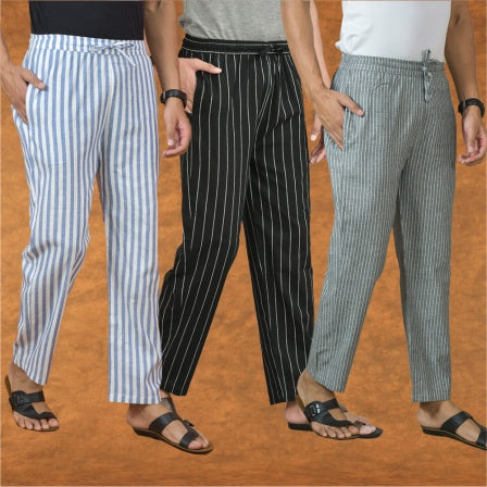 COMBO OF 3 MEN STRIPE COTTON HANDLOOM PANT BLACK GRAY AND BLUE-15249