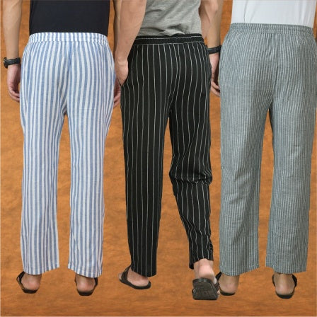 COMBO OF 3 MEN STRIPE COTTON HANDLOOM PANT BLACK GRAY AND BLUE-15249
