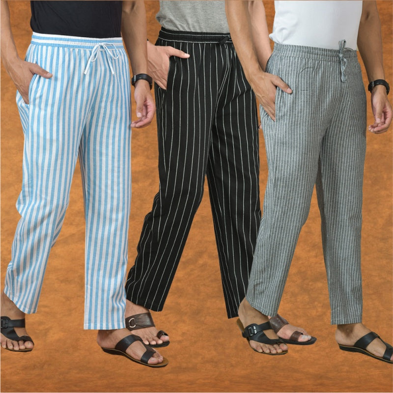 COMBO OF 3 MEN STRIPE COTTON HANDLOOM PANT BLACK GRAY AND SKY BLUE-15182