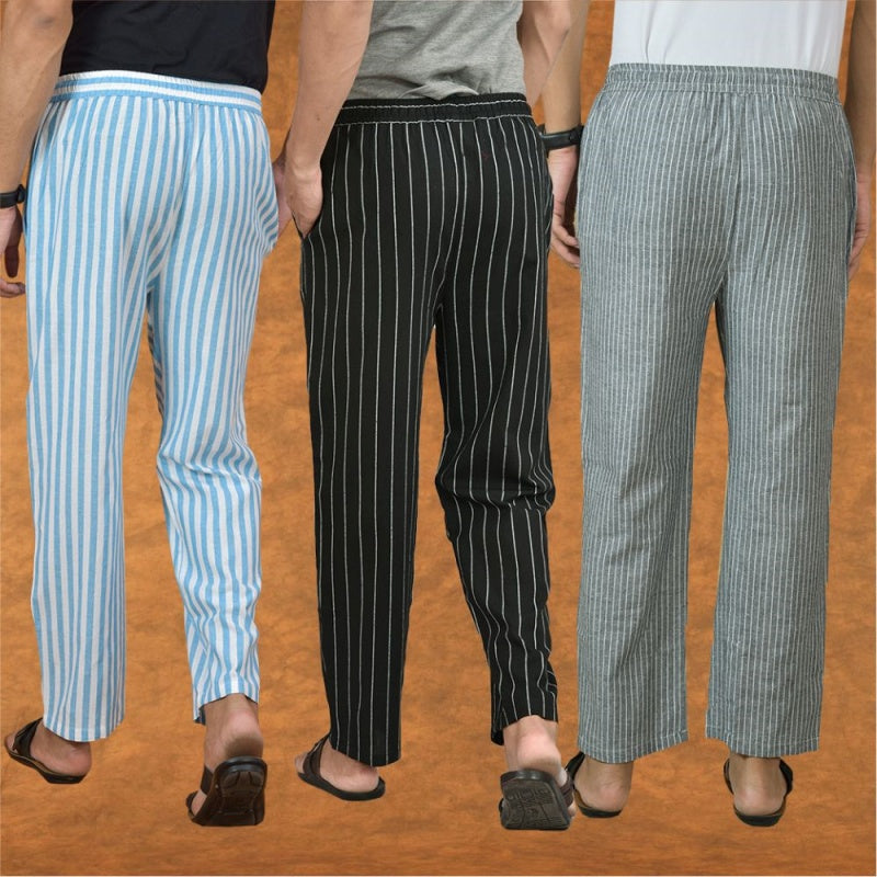 COMBO OF 3 MEN STRIPE COTTON HANDLOOM PANT BLACK GRAY AND SKY BLUE-15182