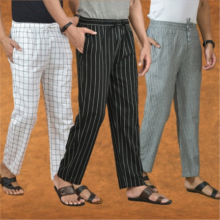 COMBO OF 3 MEN STRIPE COTTON HANDLOOM PANT BLACK GRAY AND WHITE-15304