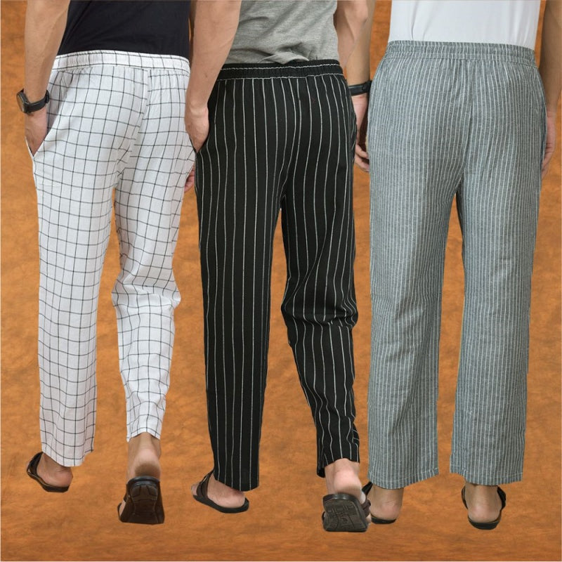COMBO OF 3 MEN STRIPE COTTON HANDLOOM PANT BLACK GRAY AND WHITE-15304