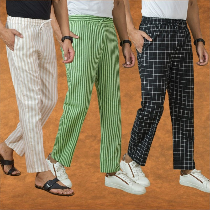 COMBO OF 3 MEN STRIPE COTTON HANDLOOM PANT BLACK OLIVE GREEN AND BEIGE-15322