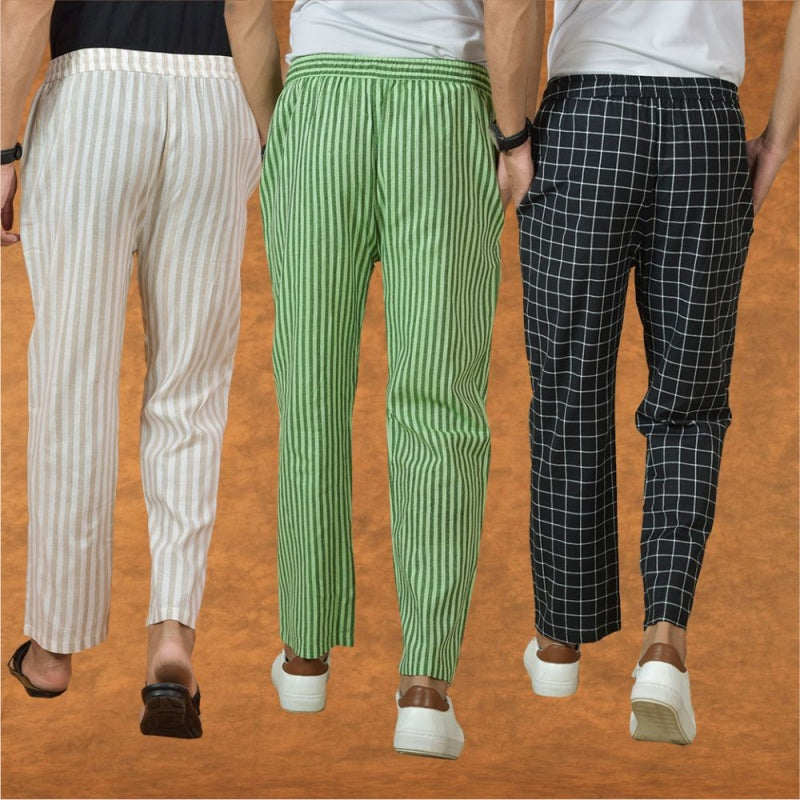 COMBO OF 3 MEN STRIPE COTTON HANDLOOM PANT BLACK OLIVE GREEN AND BEIGE-15322