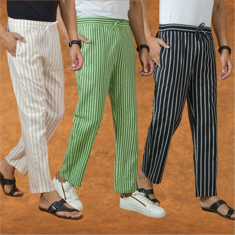 COMBO OF 3 MEN STRIPE COTTON HANDLOOM PANT BLACK OLIVE GREEN AND BEIGE-15323