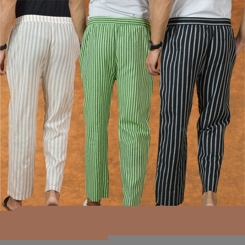 COMBO OF 3 MEN STRIPE COTTON HANDLOOM PANT BLACK OLIVE GREEN AND BEIGE-15323