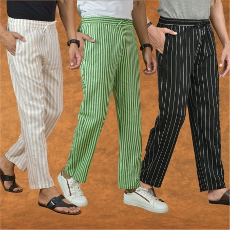 COMBO OF 3 MEN STRIPE COTTON HANDLOOM PANT BLACK OLIVE GREEN AND BEIGE-15328