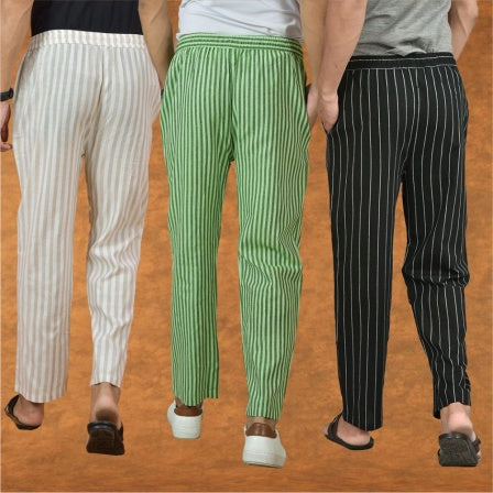 COMBO OF 3 MEN STRIPE COTTON HANDLOOM PANT BLACK OLIVE GREEN AND BEIGE-15328
