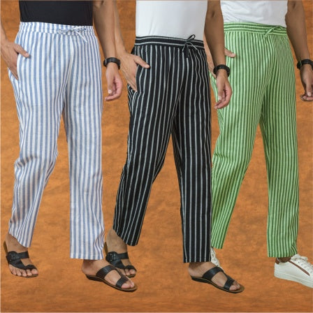 COMBO OF 3 MEN STRIPE COTTON HANDLOOM PANT BLACK OLIVE GREEN AND BLUE-15223